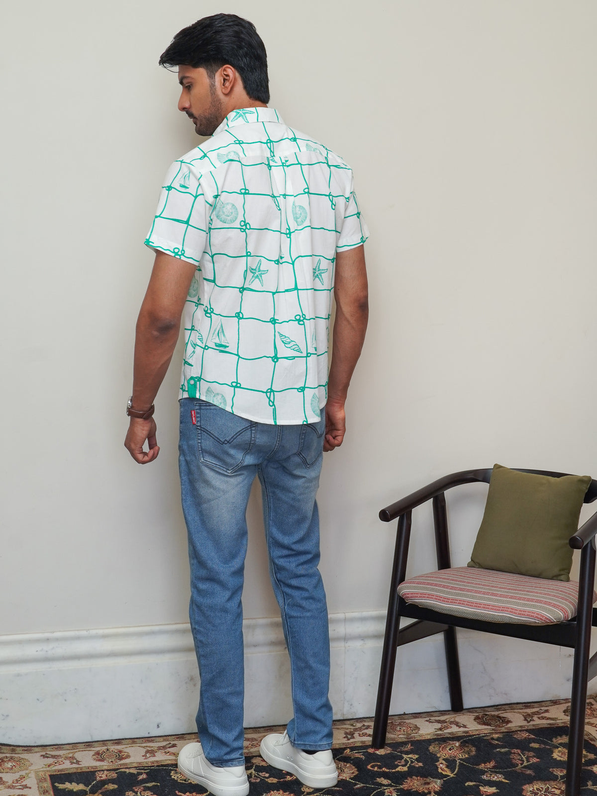 Back view of The Dapper X green abstract printed shirt