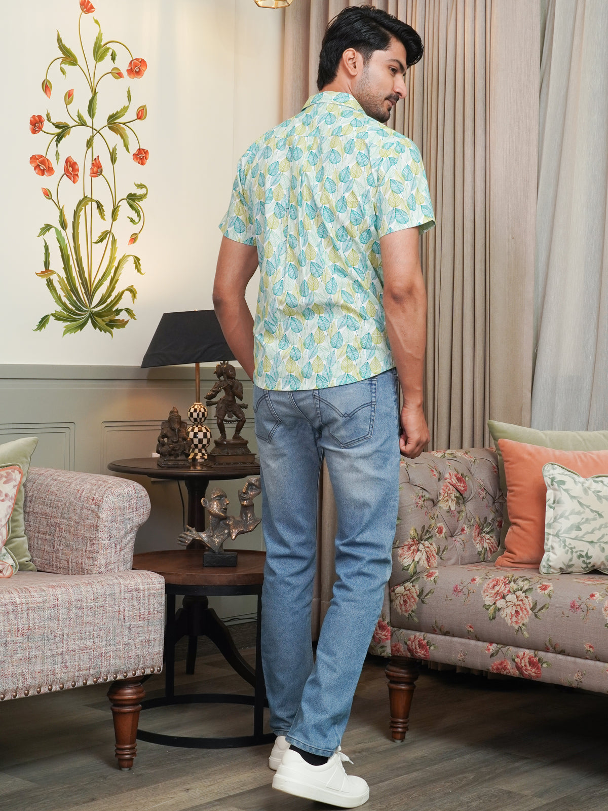 Back view of The Dapper X green leaf printed shirt