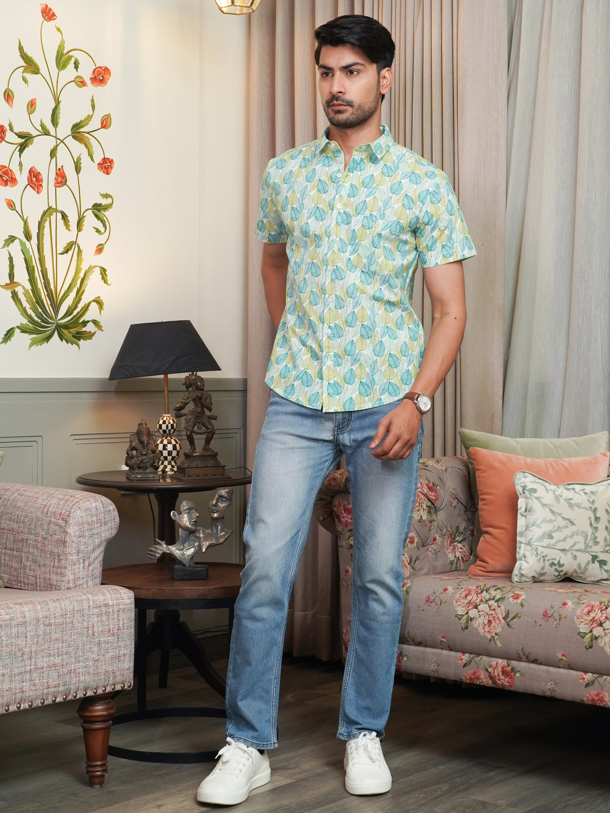 Side view of men’s green botanical half sleeve shirt