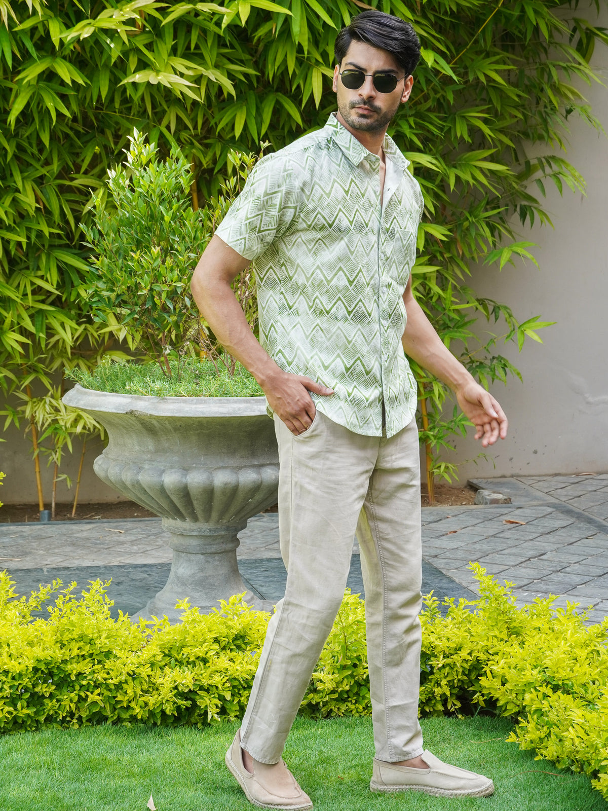Side view of men’s green zigzag half sleeve shirt