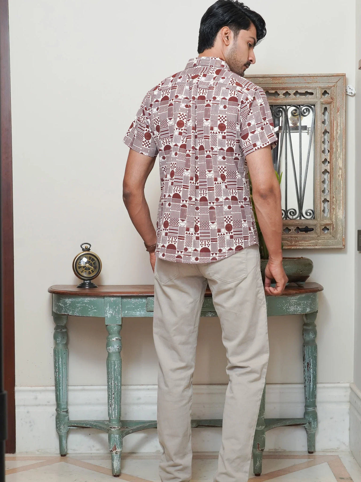 Back view of The Dapper X maroon geometric printed shirt