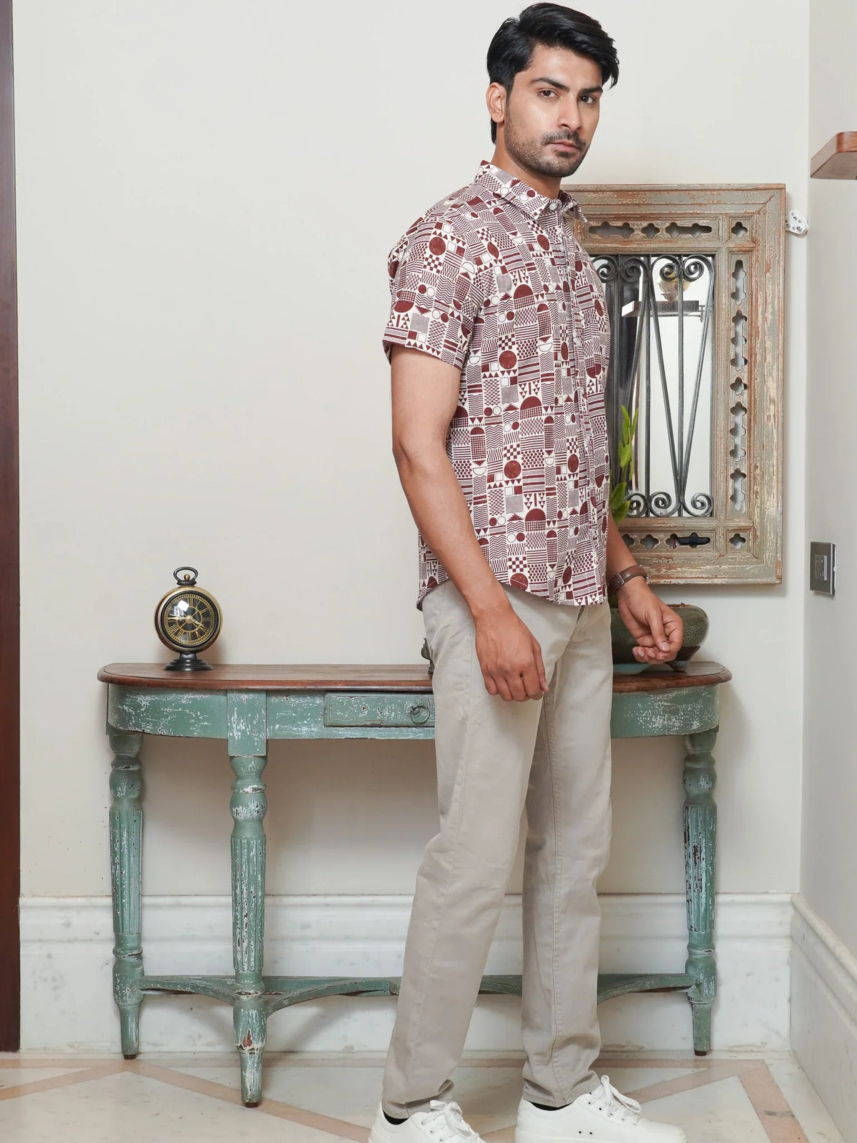 Side view of men’s maroon half sleeve printed shirt