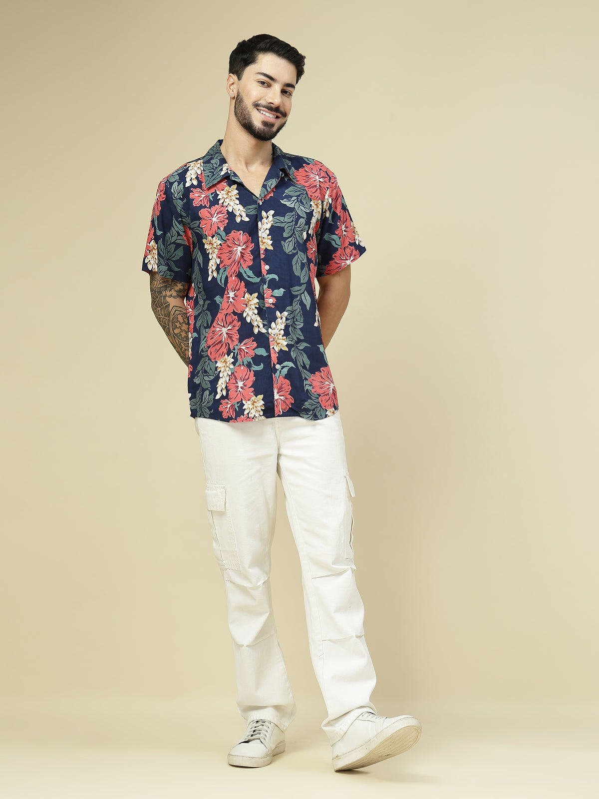 Men’s Midnight Bloom tropical floral cotton half sleeve shirt, front view