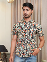 Model wearing a multicolor artistic geometric printed cotton shirt
