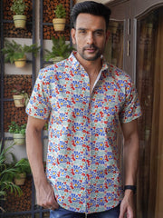 Model wearing a multicolor floral abstract printed cotton shirt