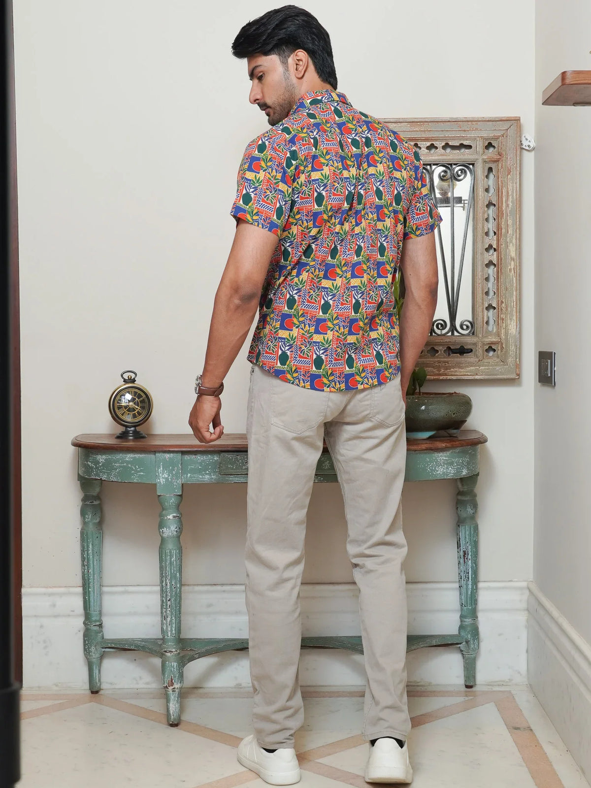 Back view of The Dapper X multicolor geometric printed shirt