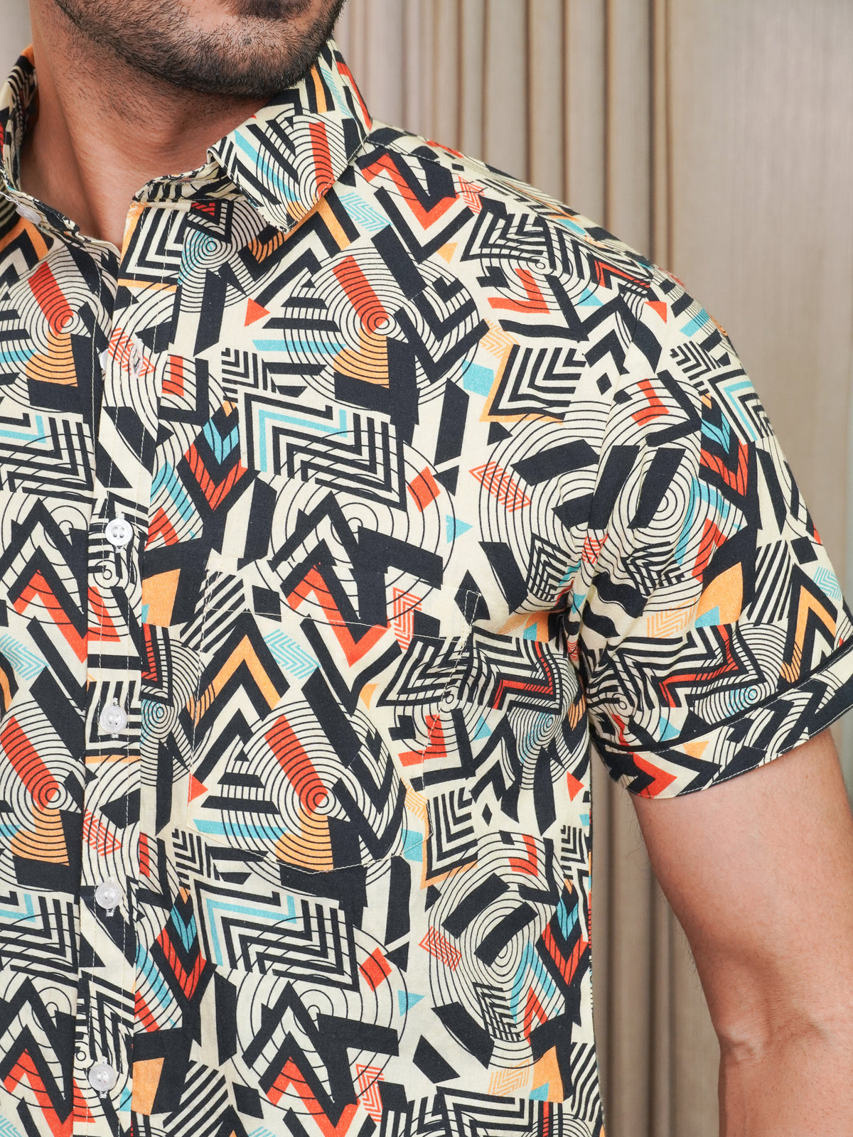 Side view of men’s multicolor half sleeve printed shirt