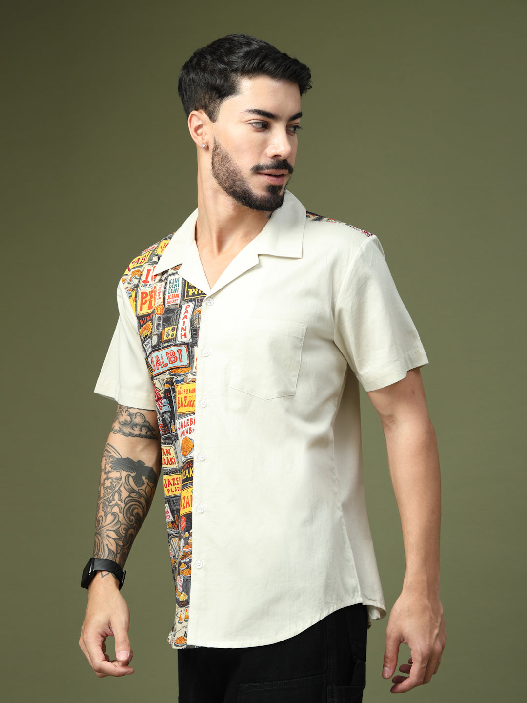 Side view of men’s multicolor graphic half sleeve shirt
