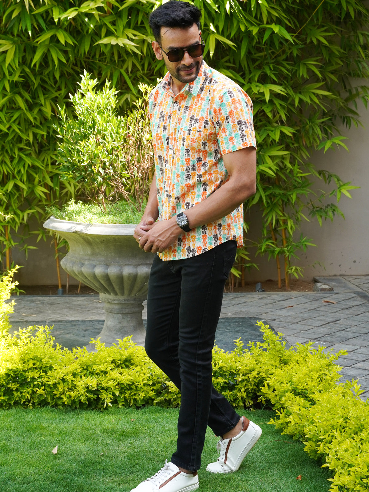 Side view of men’s multicolor half sleeve printed shirt