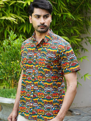Model wearing a multicolor Tribal Rhythm printed cotton half sleeve shirt