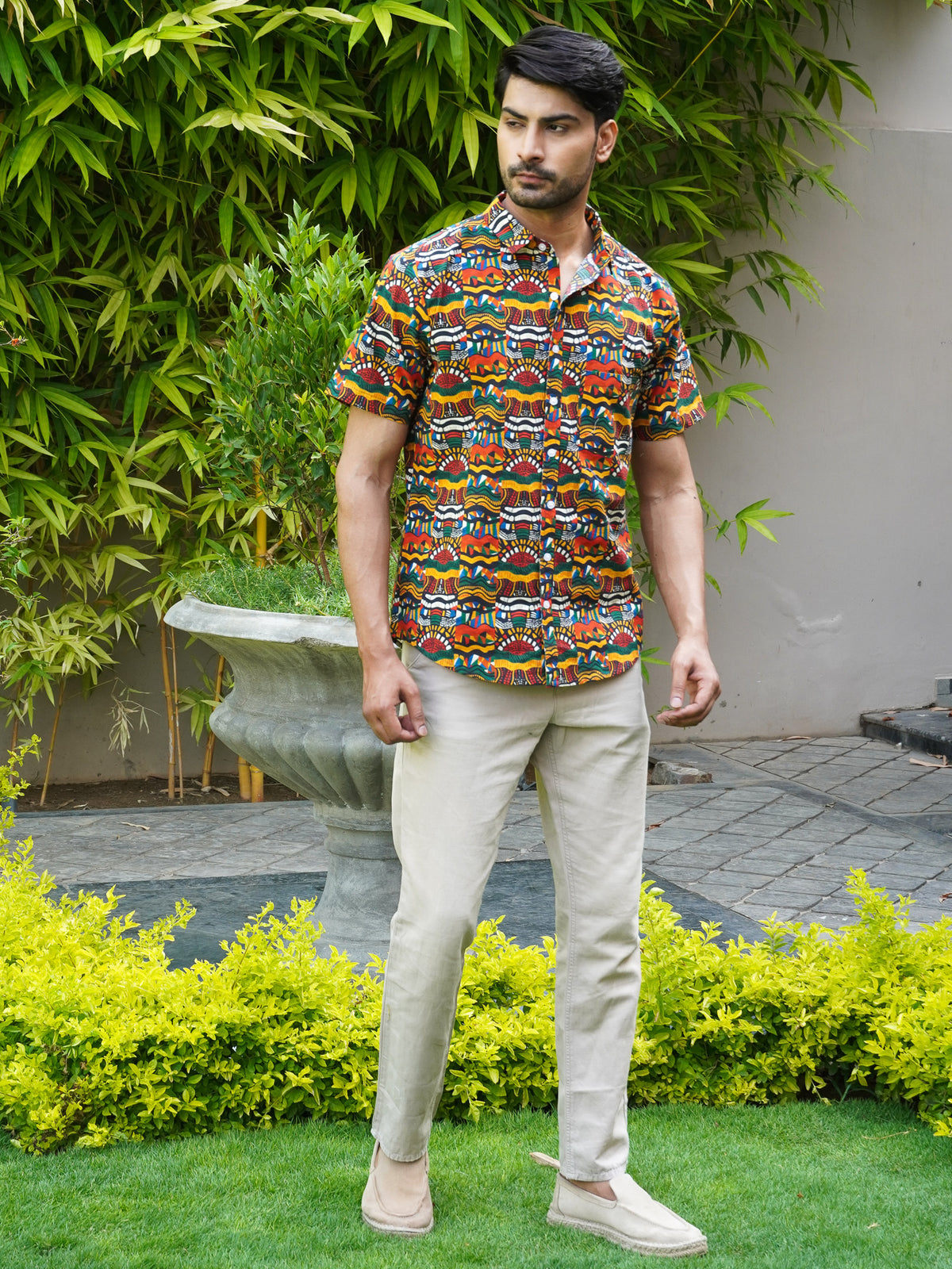 Side view of men’s multicolor printed half sleeve shirt