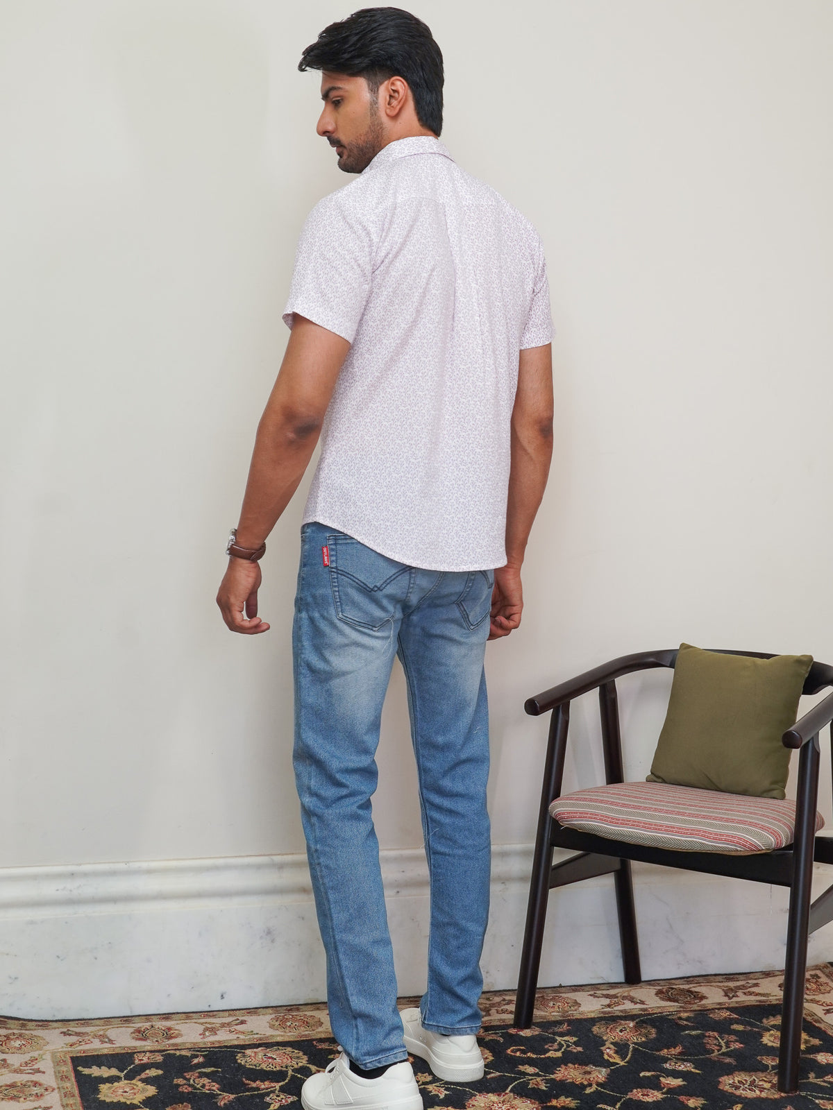 Back view of The Dapper X purple floral printed shirt