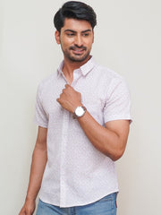 Model wearing a light purple floral printed cotton half sleeve shirt