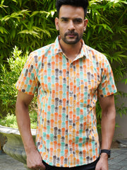 Model wearing a Retro Charm multicolor printed cotton half sleeve shirt