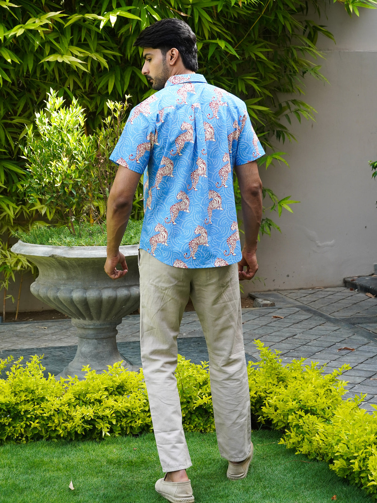 Back view of The Dapper X sky blue leopard shirt