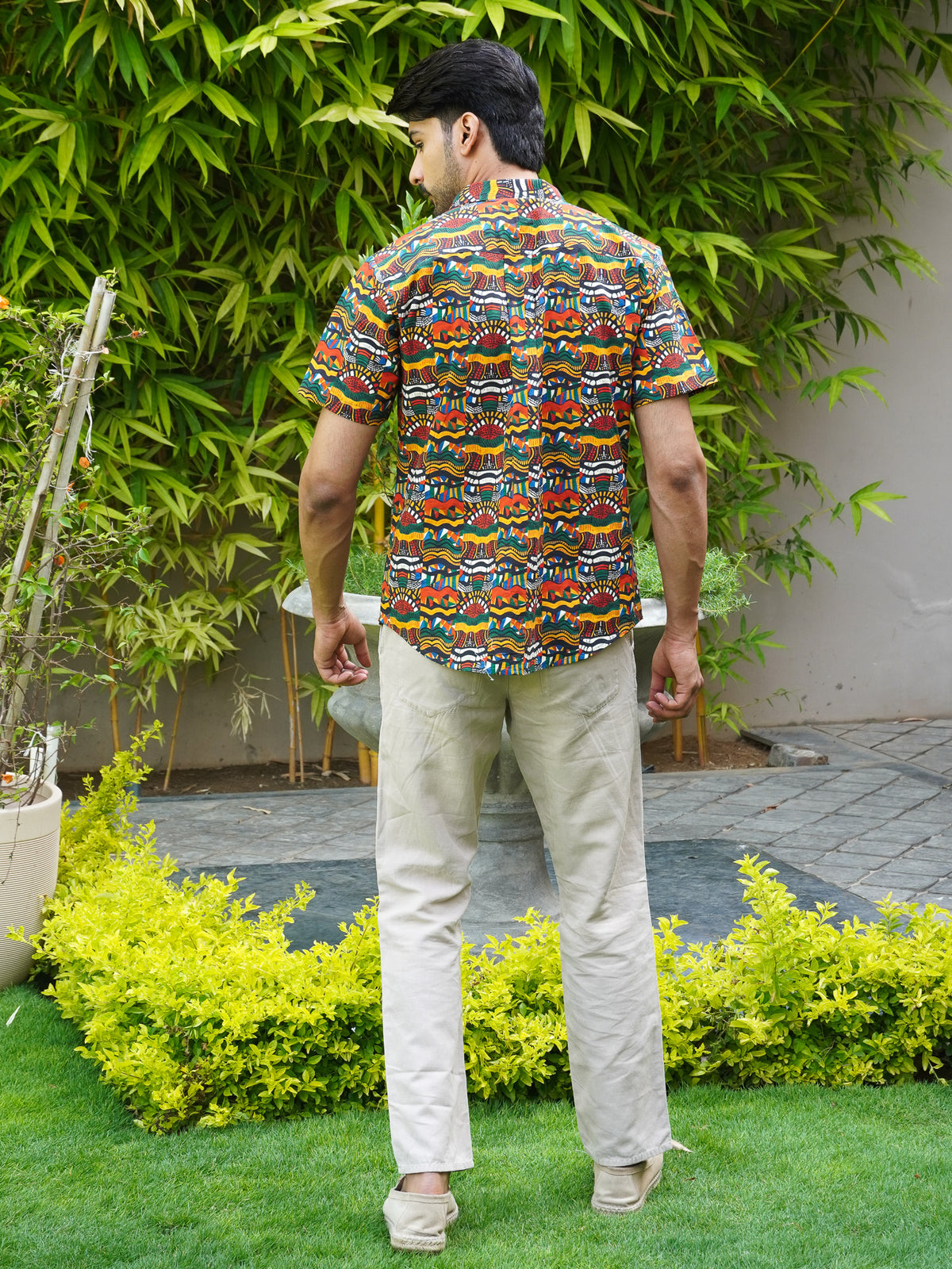 Back view of The Dapper X Multicolor Tribal Rhythm shirt