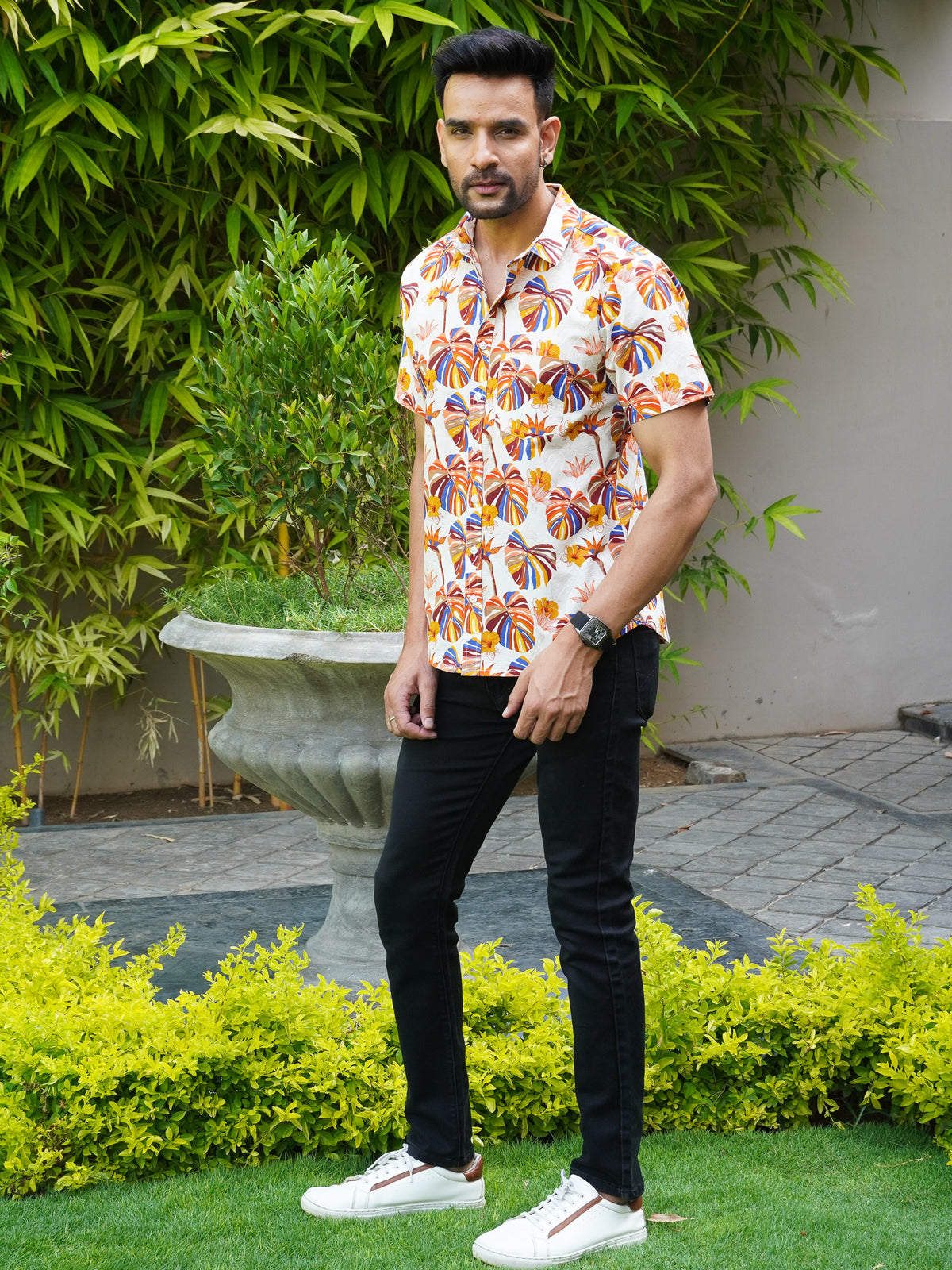 Side view of men’s multicolor tropical half sleeve shirt
