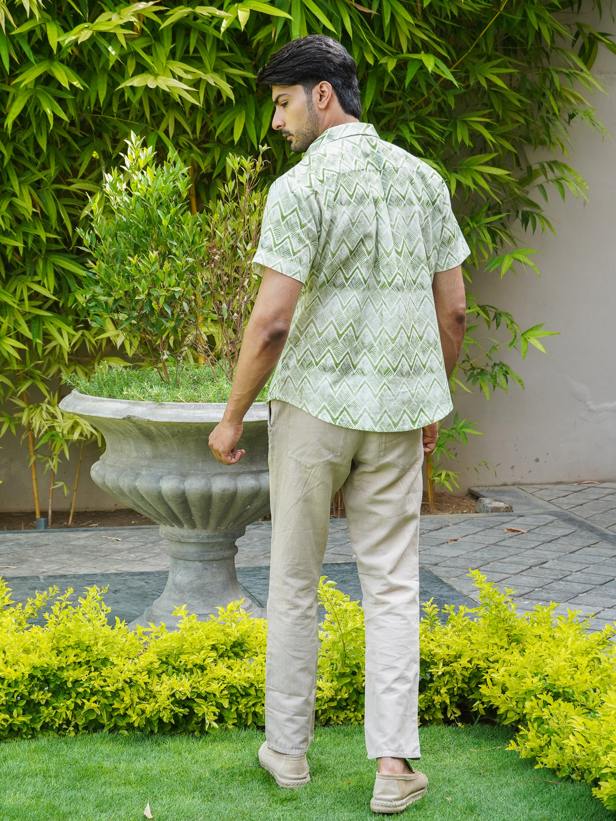 Back view of The Dapper X Tropical Vibe green shirt