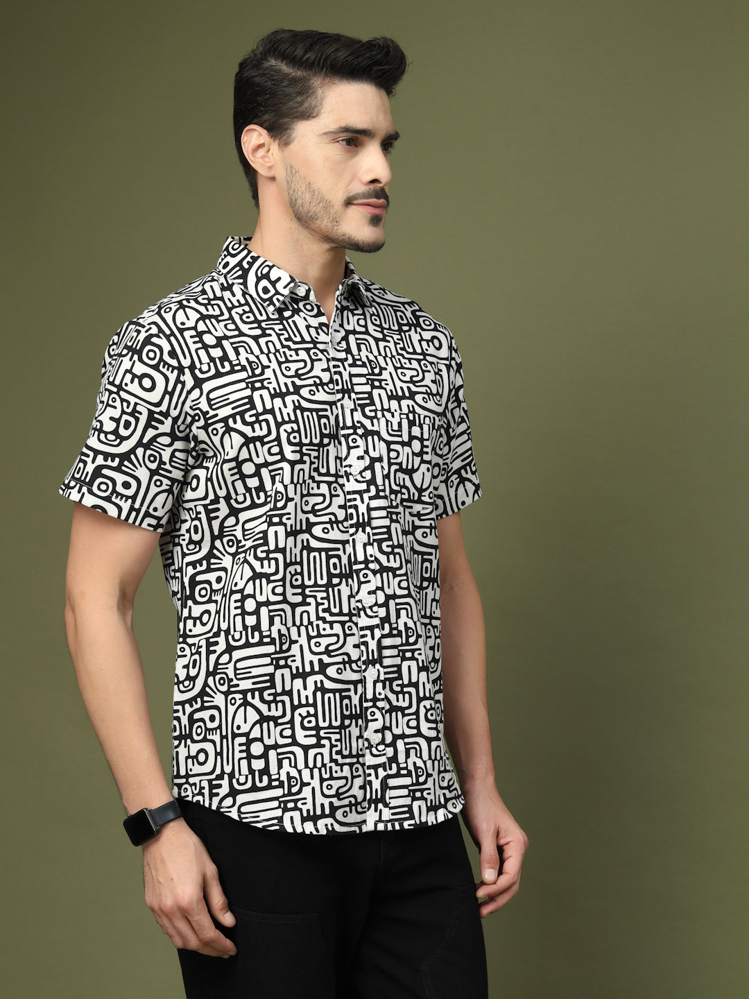 Side view of men’s black and white graphic half sleeve shirt