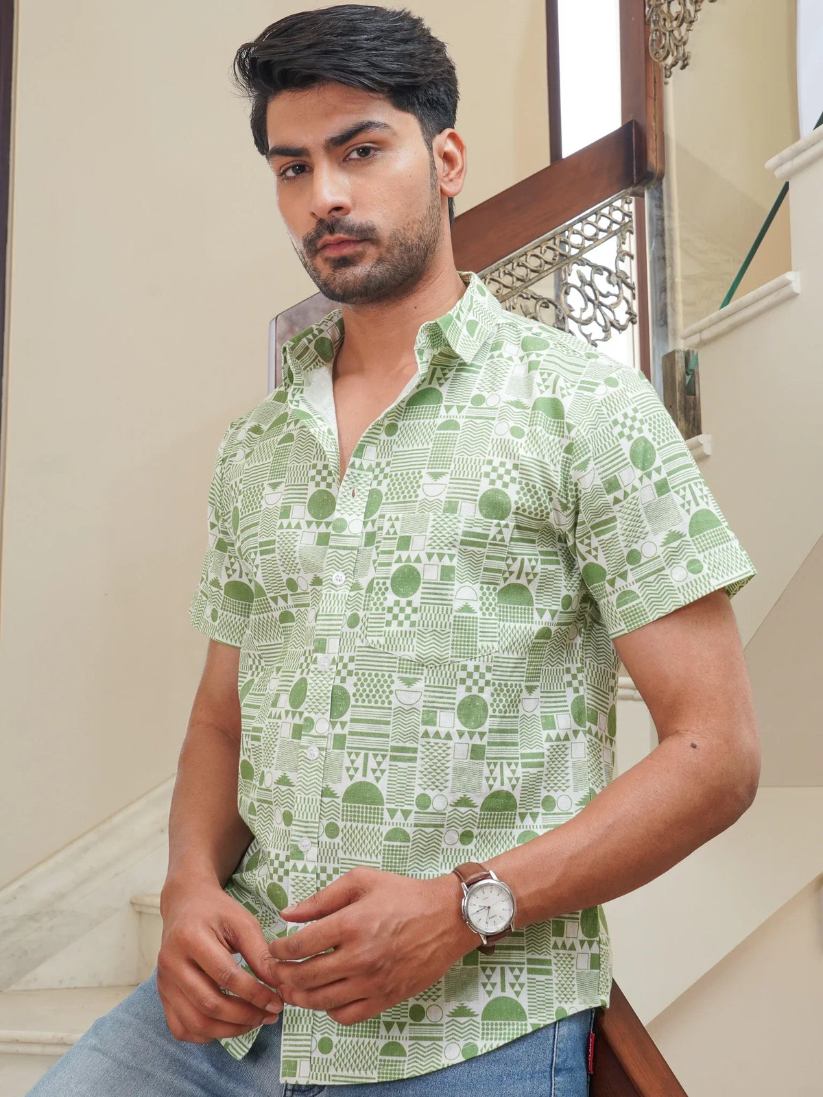 Model wearing an Urban Edge green geometric printed cotton shirt