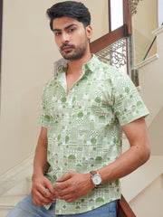 Model wearing an Urban Edge green geometric printed cotton shirt