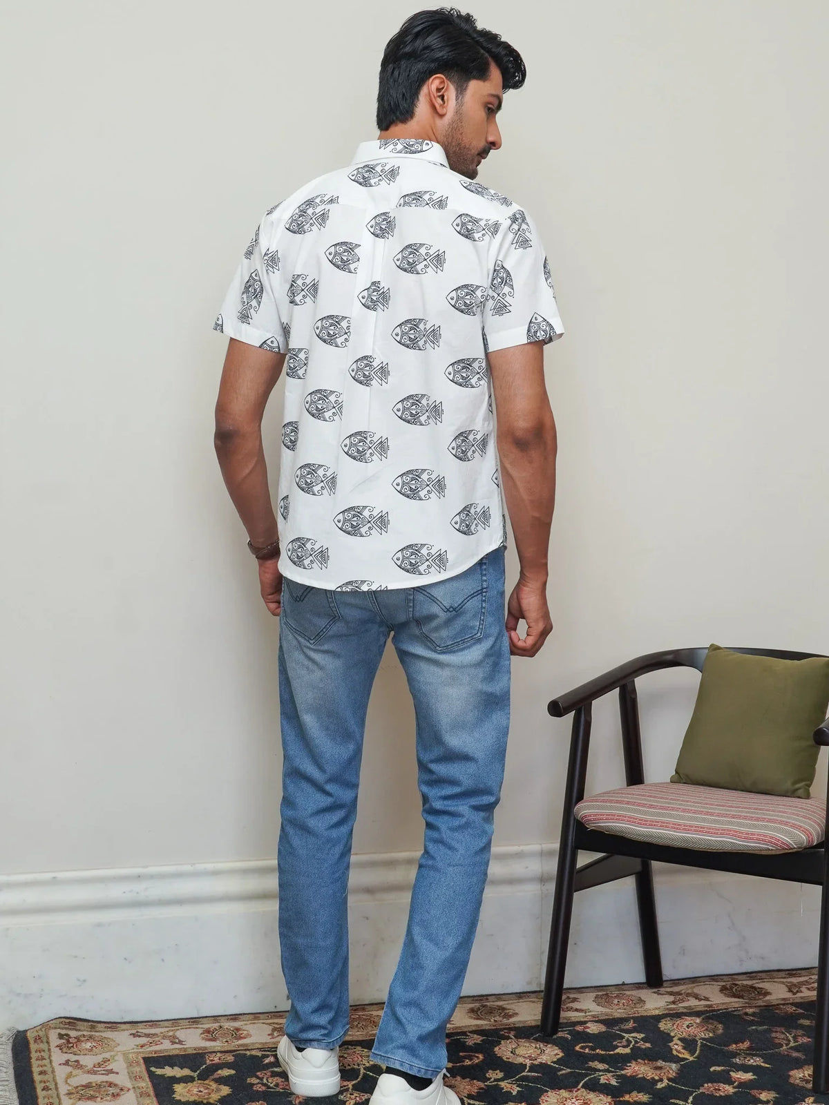 Back view of The Dapper X black fish printed shirt