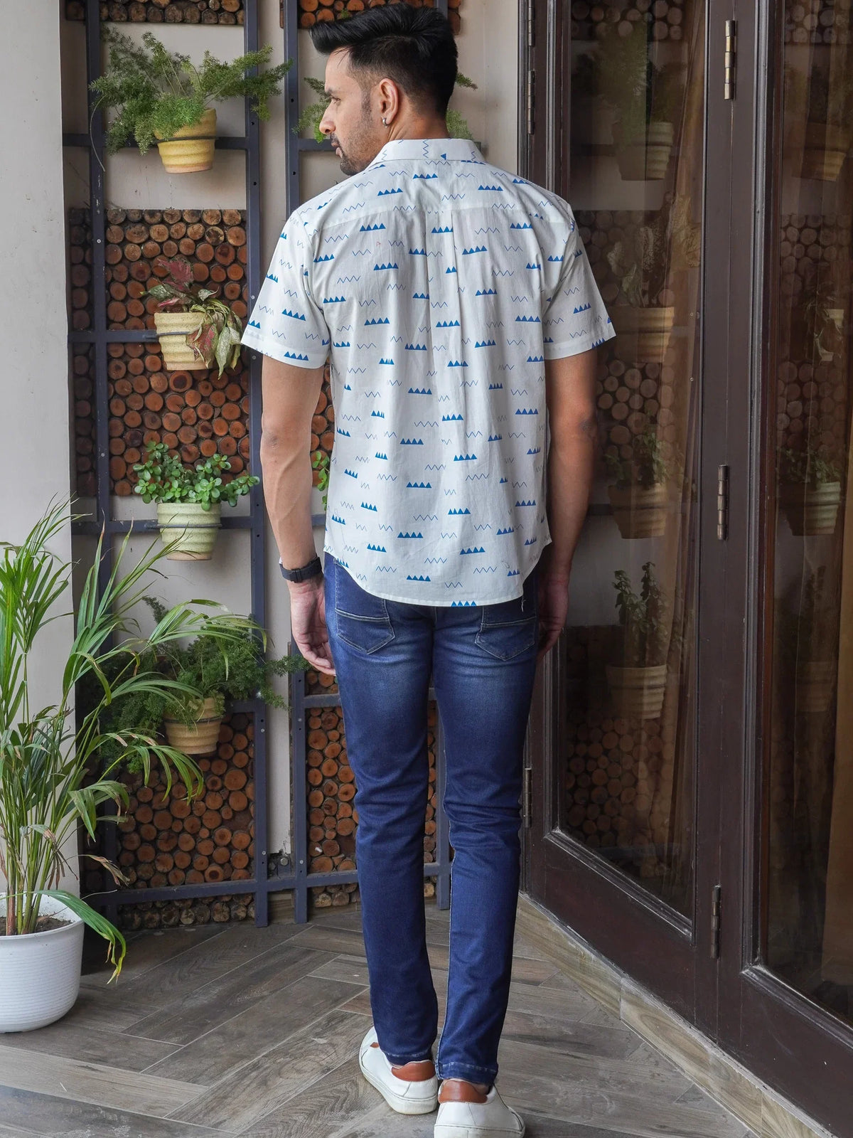 Back view of The Dapper X white abstract printed shirt