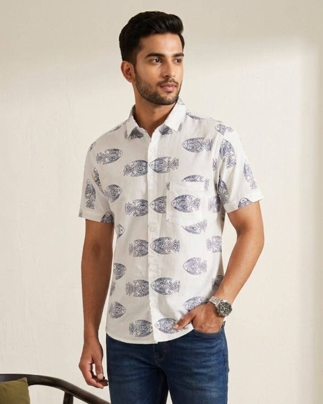 Model wearing a white cotton shirt with blue fish print