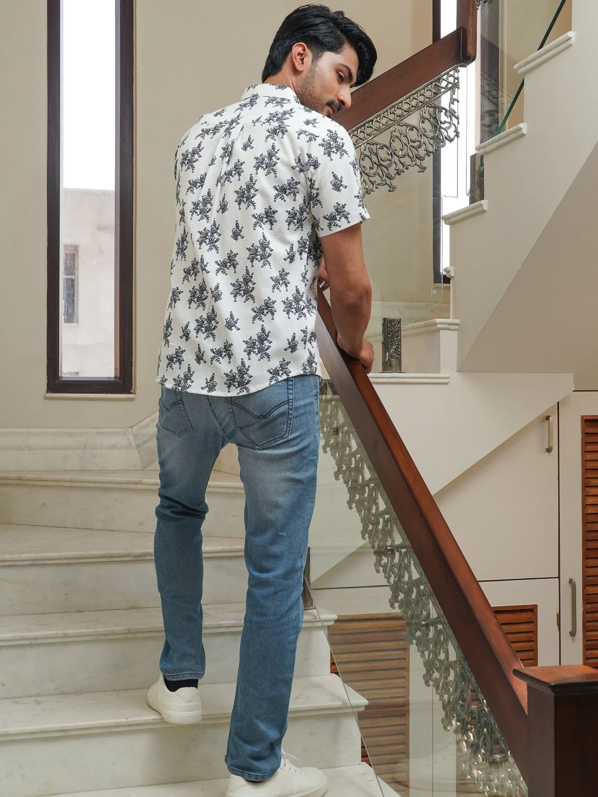 Back view of The Dapper X white floral printed shirt