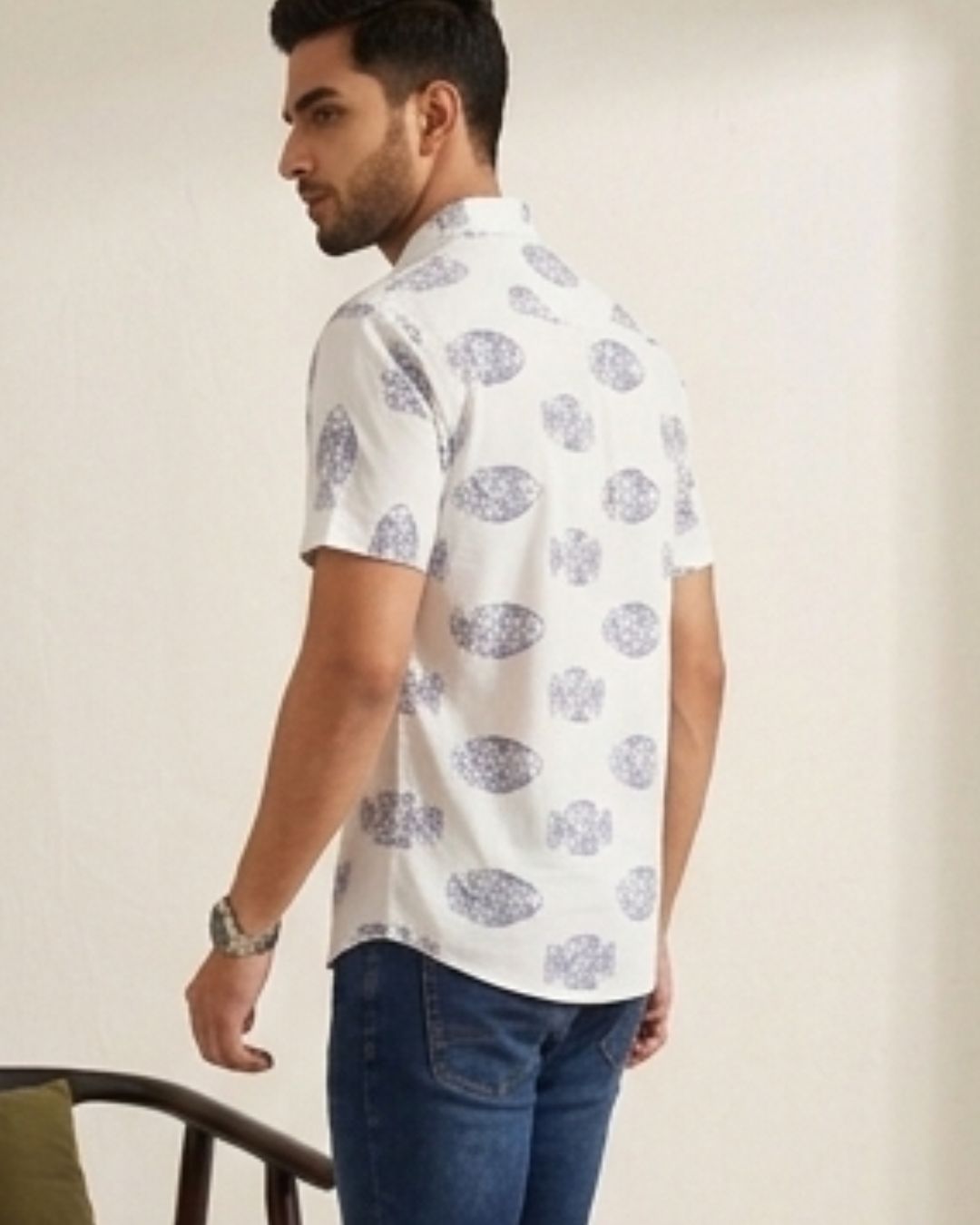 Back view of The Dapper X white fish printed shirt