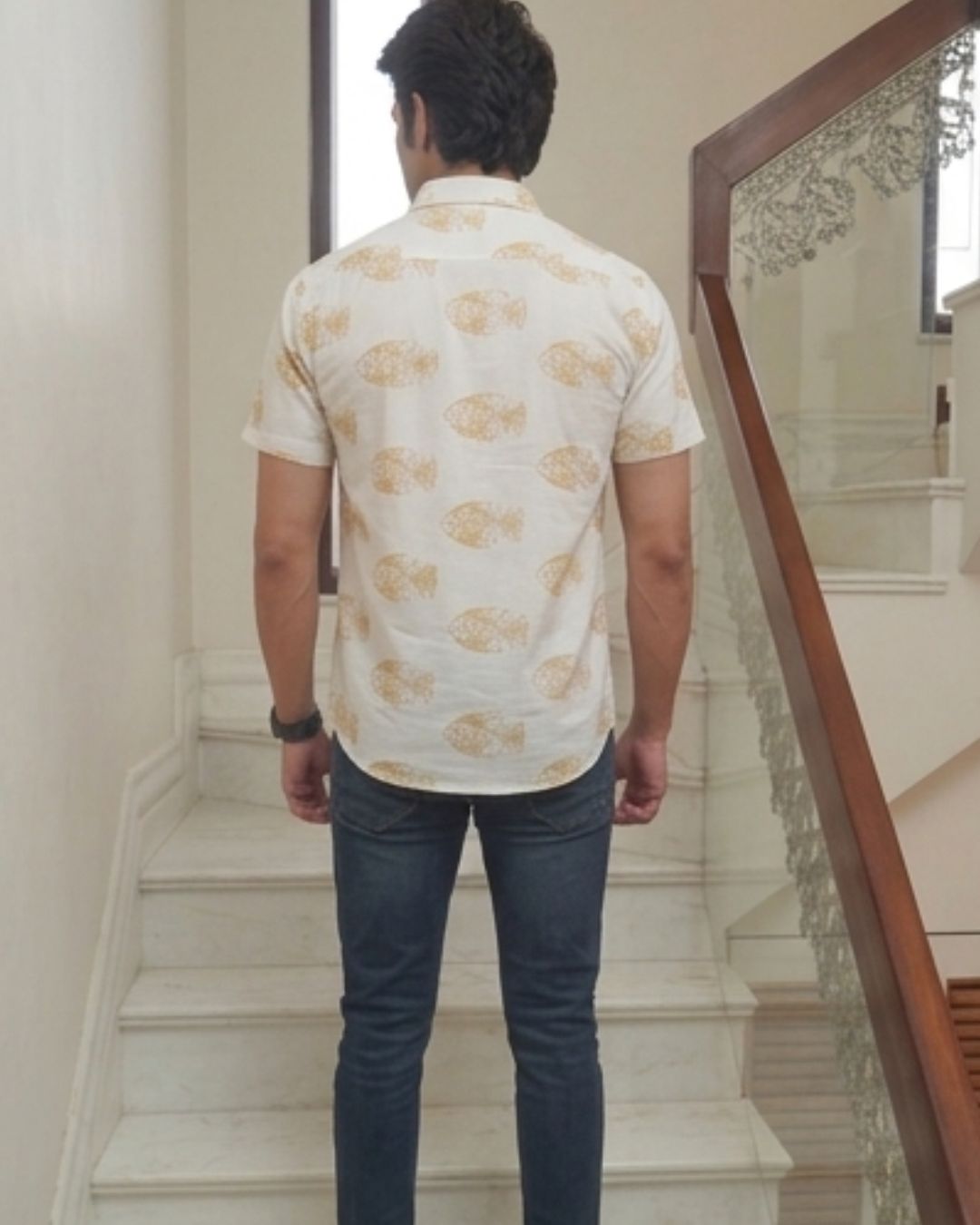 Back view of The Dapper X yellow fish printed shirt