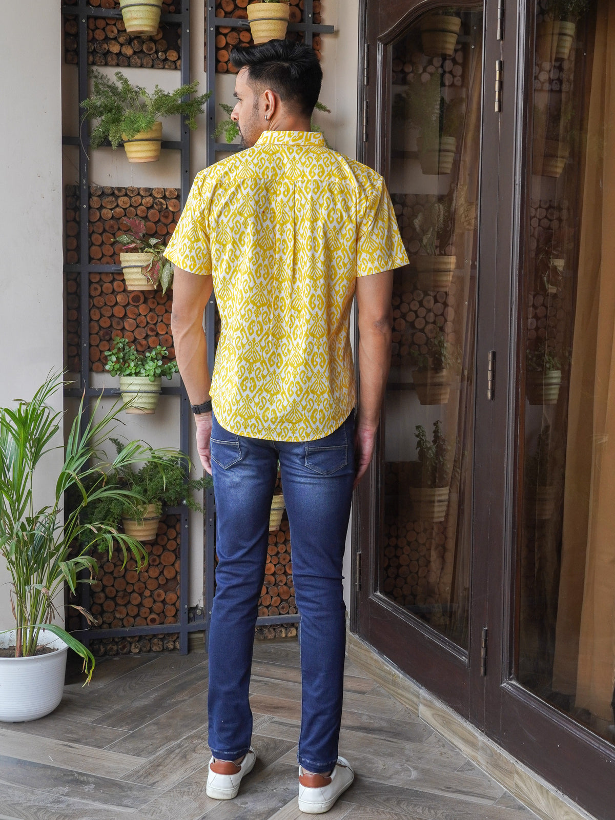 Back view of The Dapper X yellow geometric printed shirt