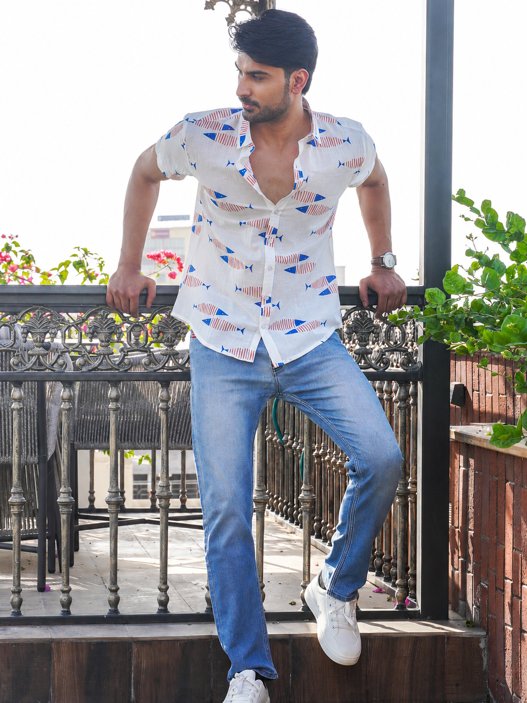 Men’s white fish print half sleeve shirt styled for casual wear