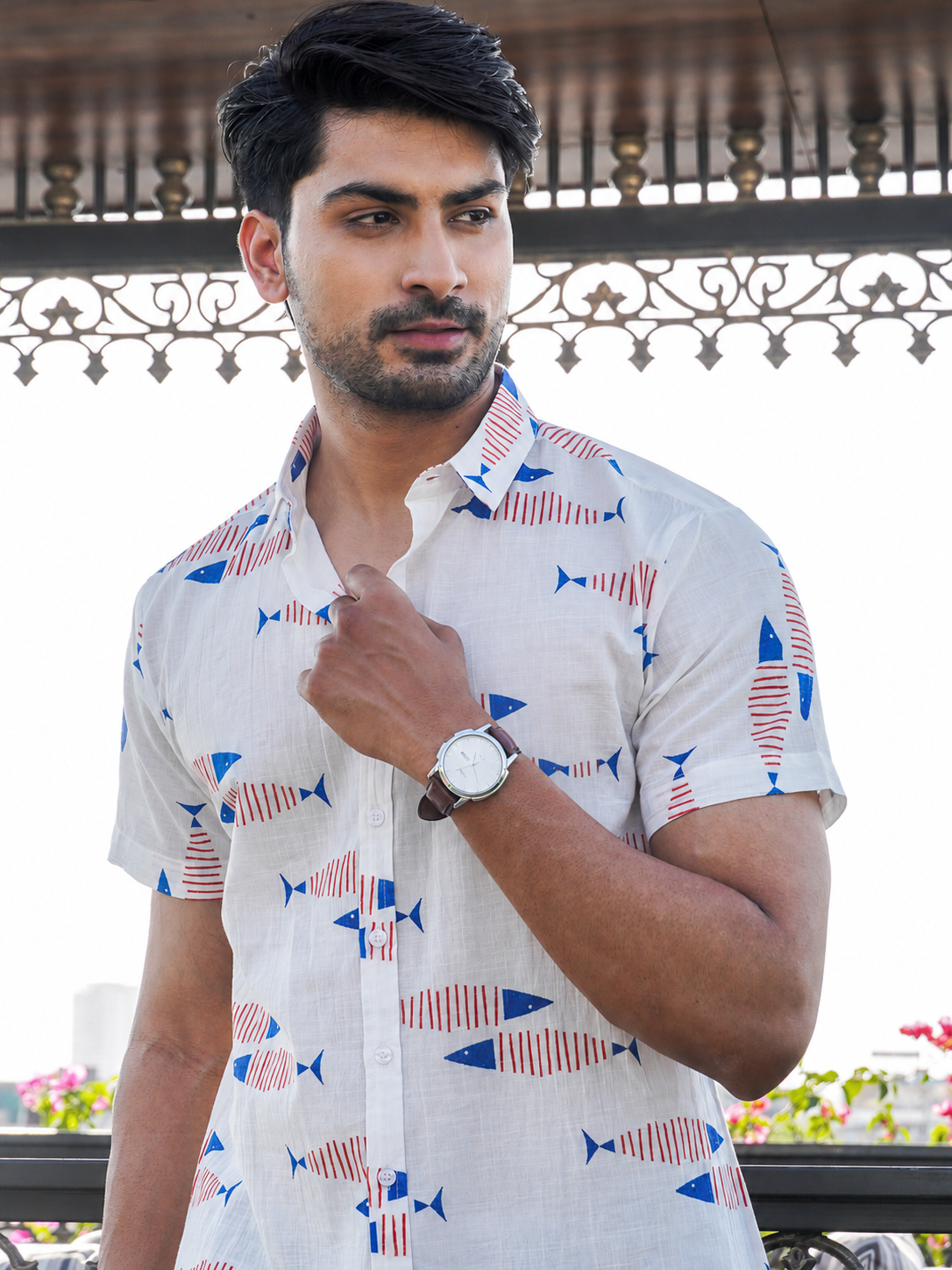 Men’s white cotton shirt with multicolor fish print, front view