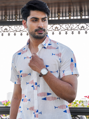 Men’s white cotton shirt with multicolor fish print, front view