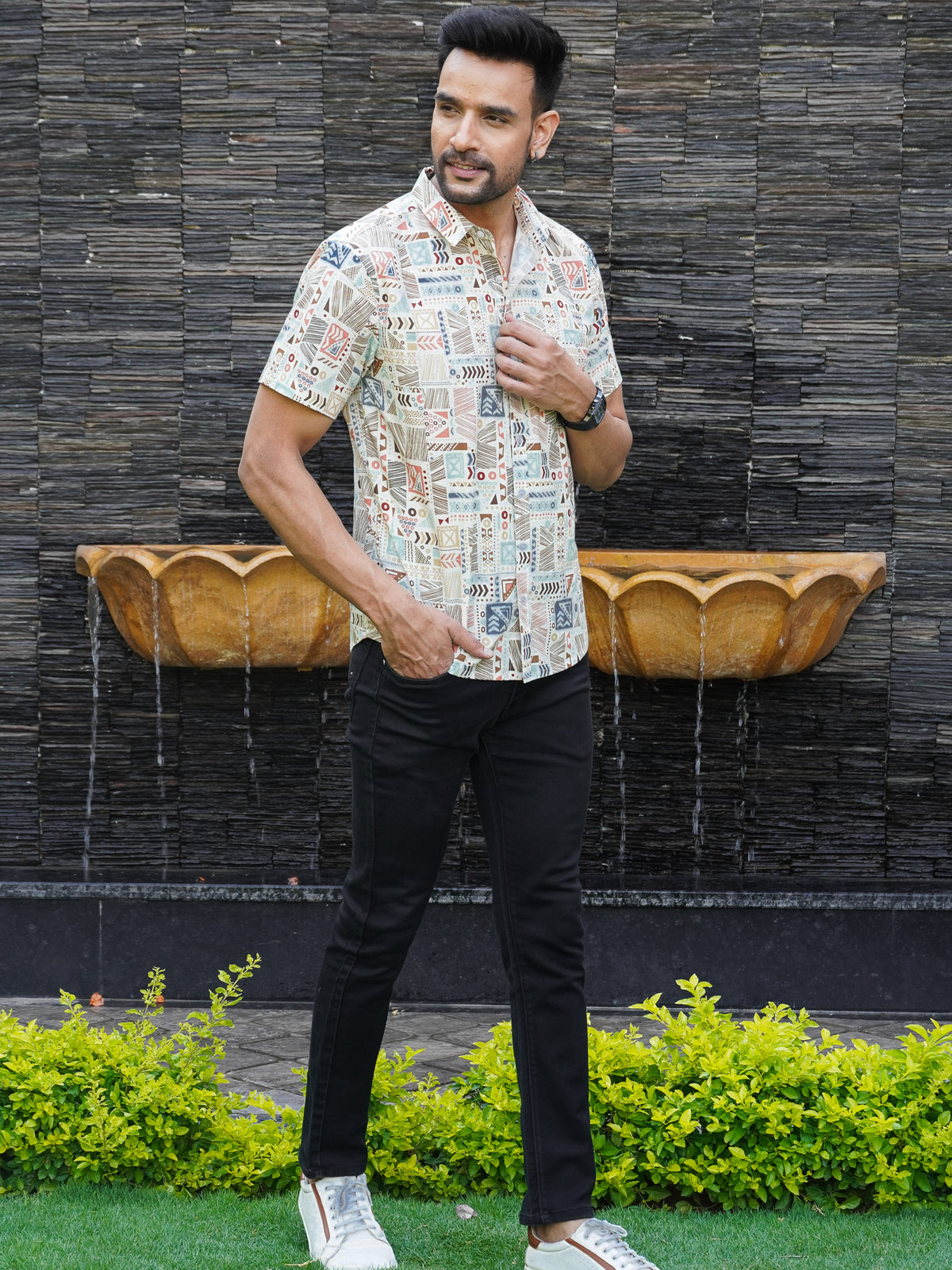Front view of men’s multicolor geometric printed cotton shirt