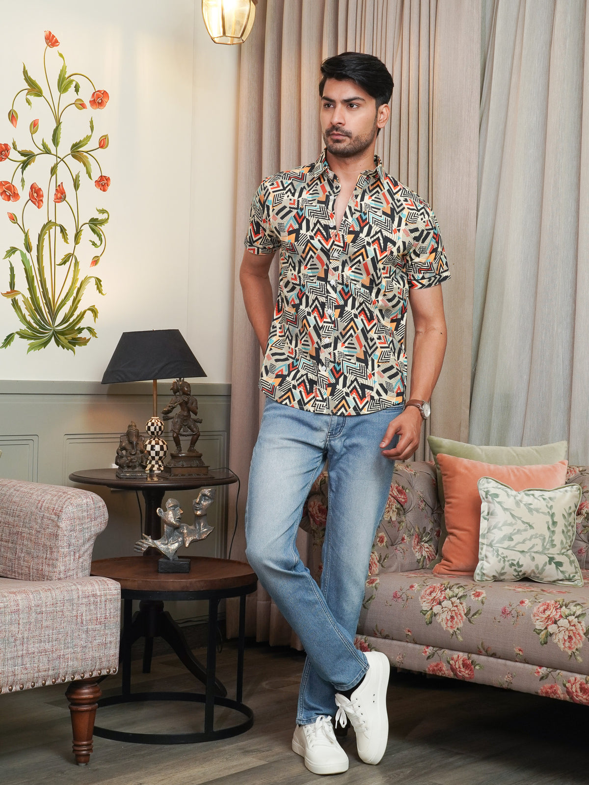 Front view of men’s multicolor geometric printed cotton shirt