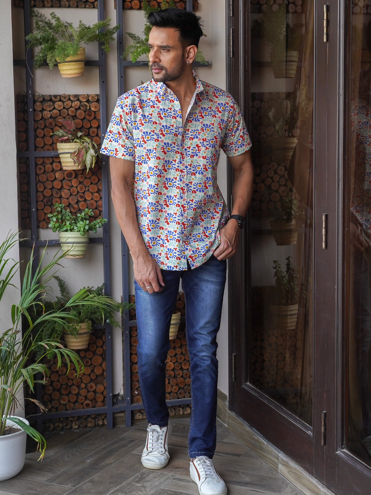 Front view of men’s multicolor floral printed cotton shirt