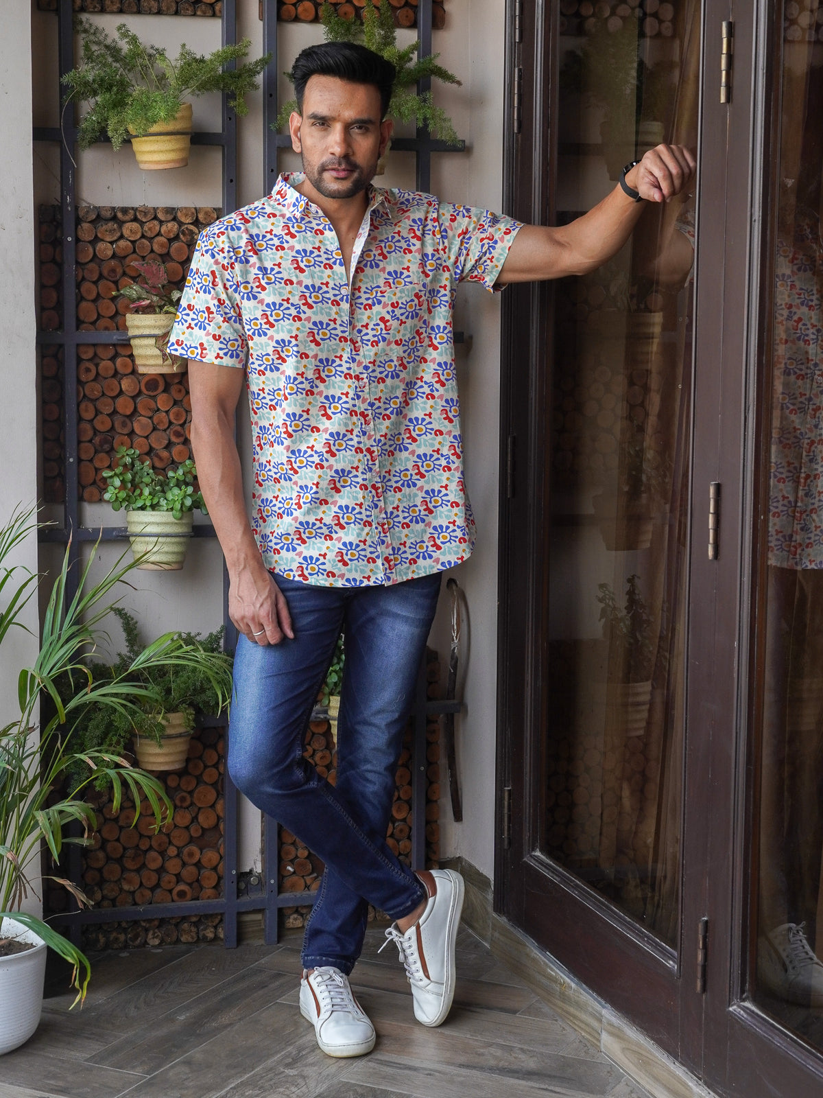 Front view of men’s multicolor floral printed cotton shirt