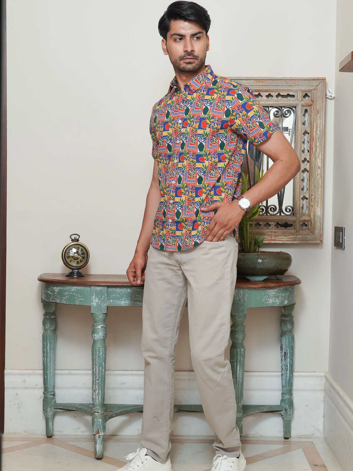 Front view of men’s multicolor geometric printed cotton shirt