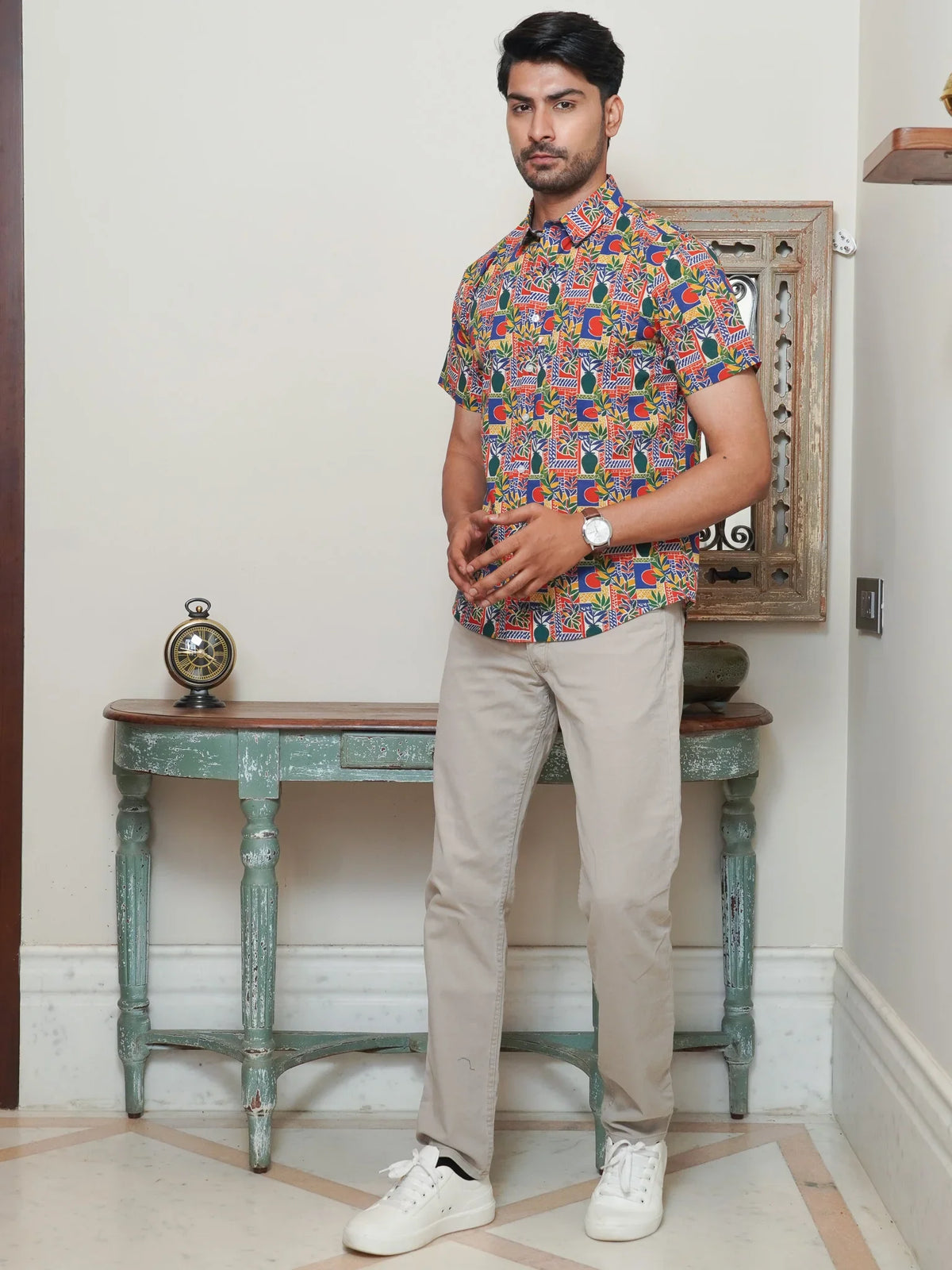 Front view of men’s multicolor geometric printed cotton shirt