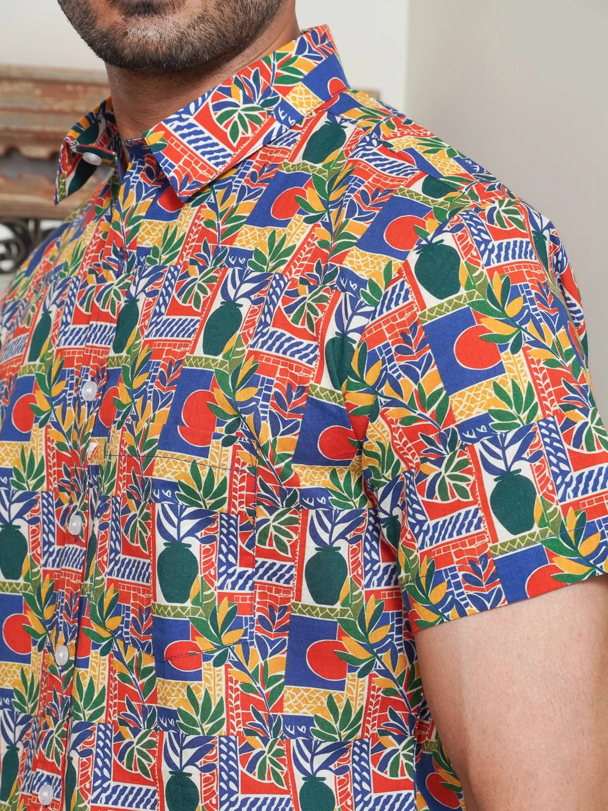 Side view of men’s multicolor half sleeve printed shirt