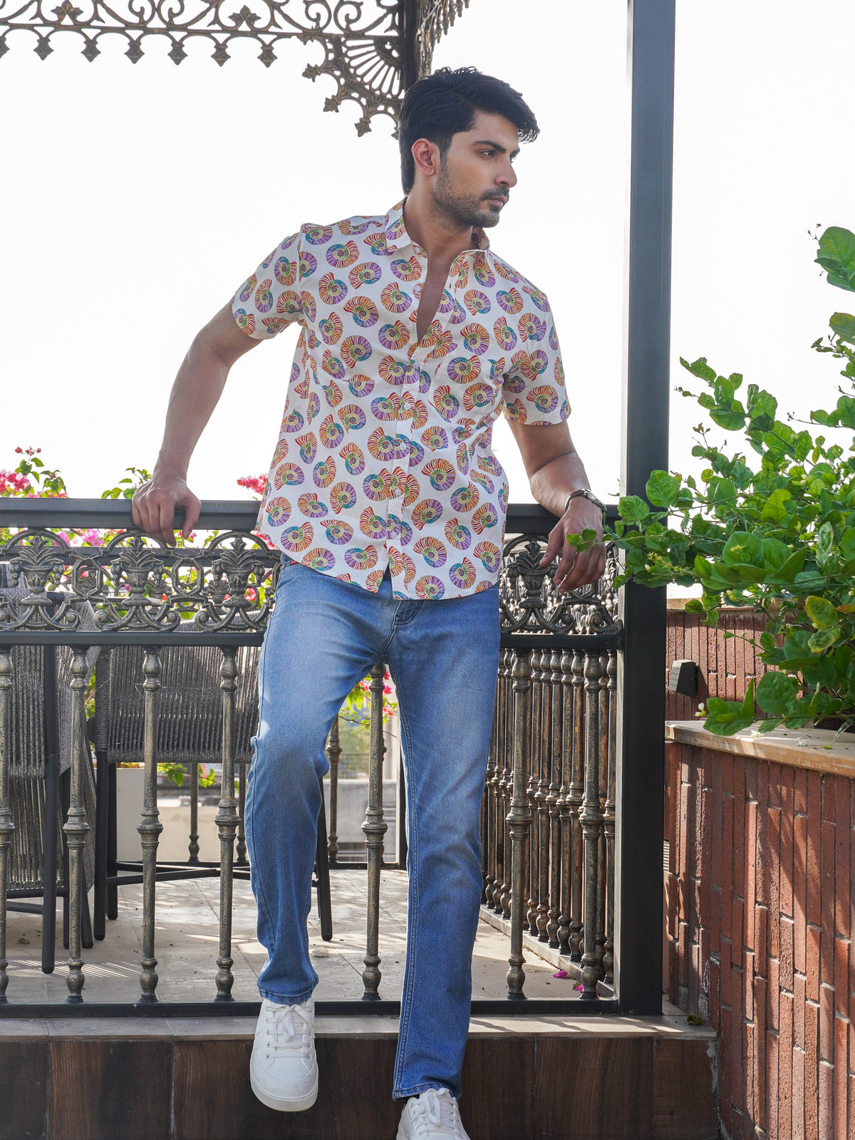 Front view of men’s multicolor shell printed cotton shirt