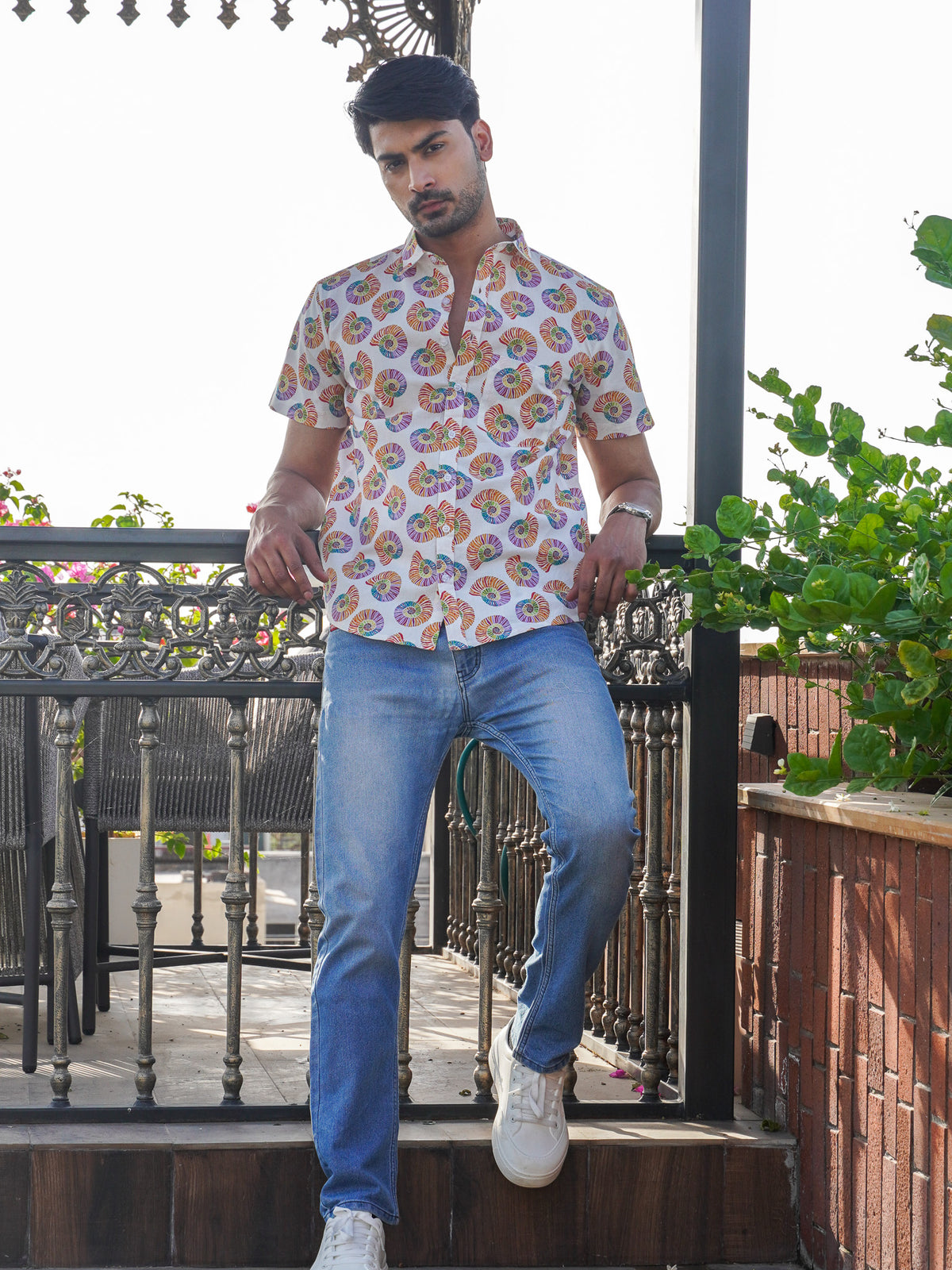 Front view of men’s multicolor shell printed cotton shirt
