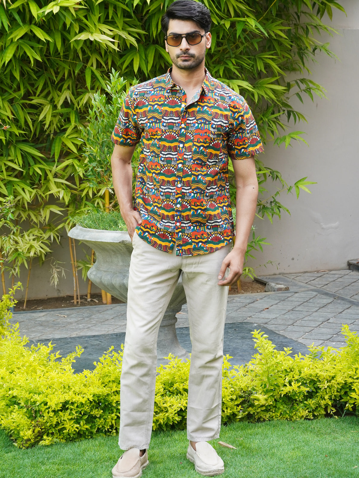 Front view of men’s multicolor abstract printed cotton shirt