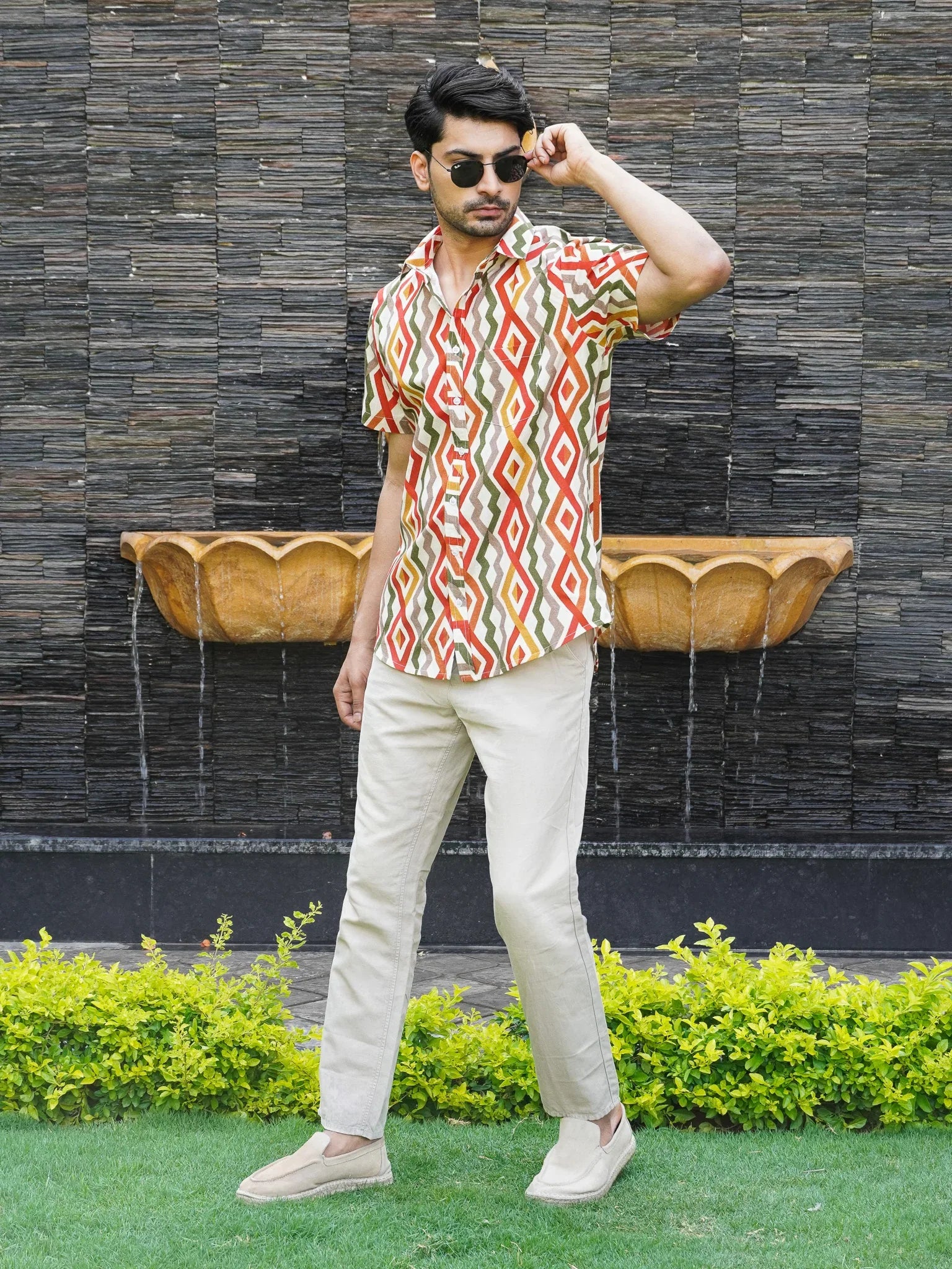 Side view of white multicolour abstract printed shirt for men