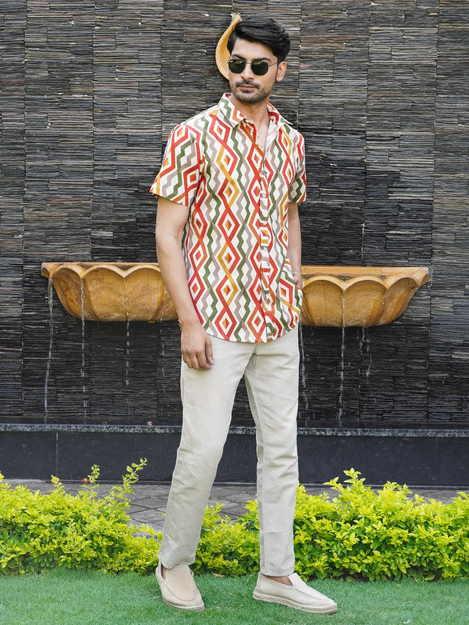 Side view of white multicolour abstract printed shirt for men