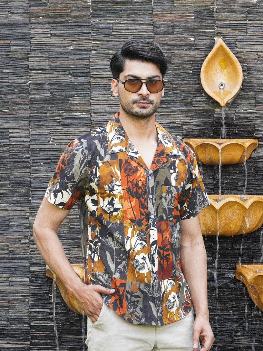 Men’s multicolour cotton floral print half sleeve shirt, front view