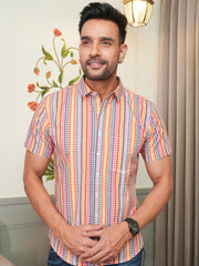 Men’s pink multicolour dotted stripe cotton half sleeve shirt, front view