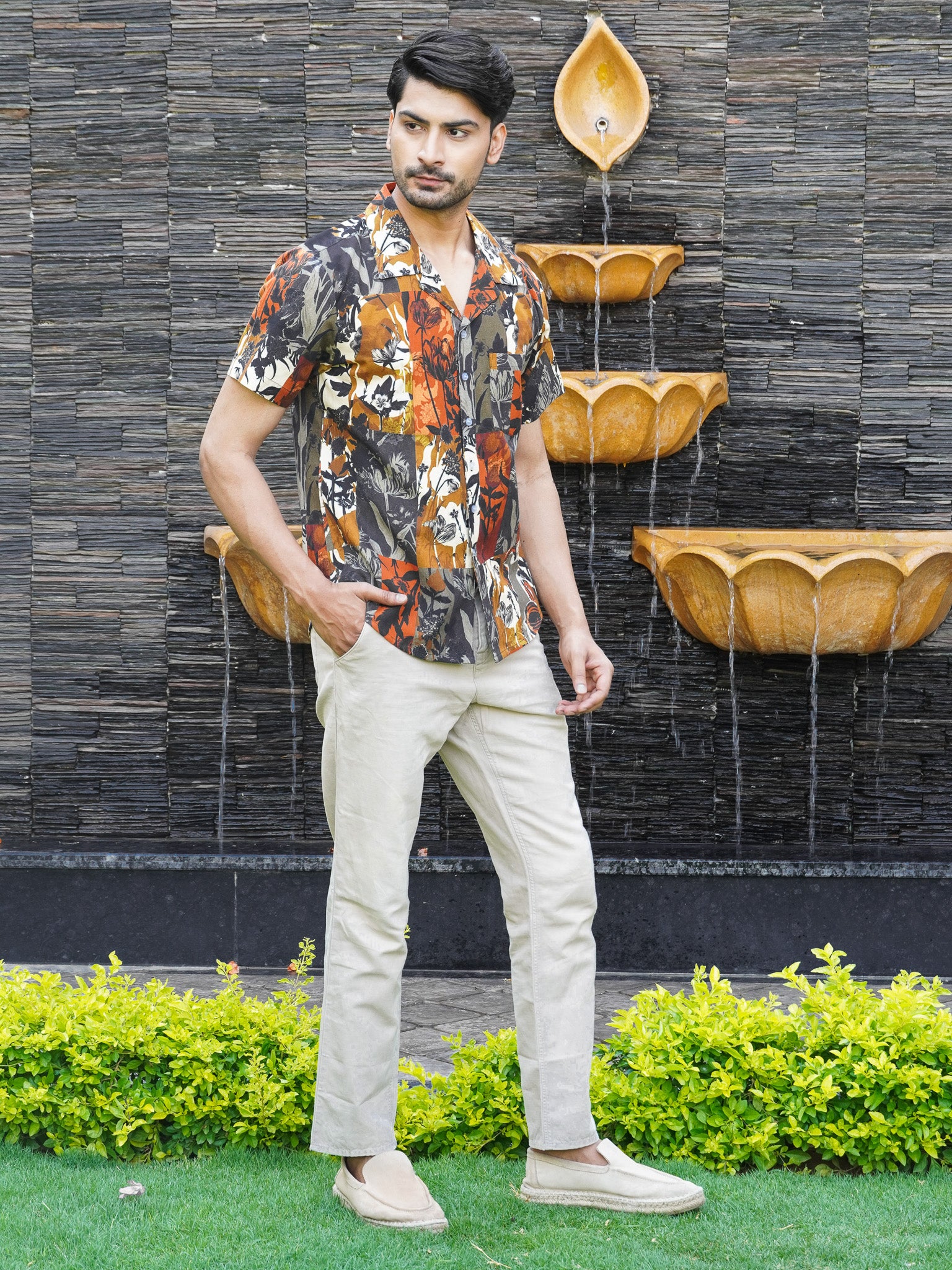 Side view of men’s multicolour printed half sleeve cotton shirt